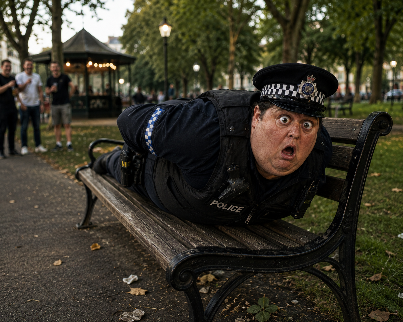 Officer Tard planking on a London park bench while bystanders laugh
