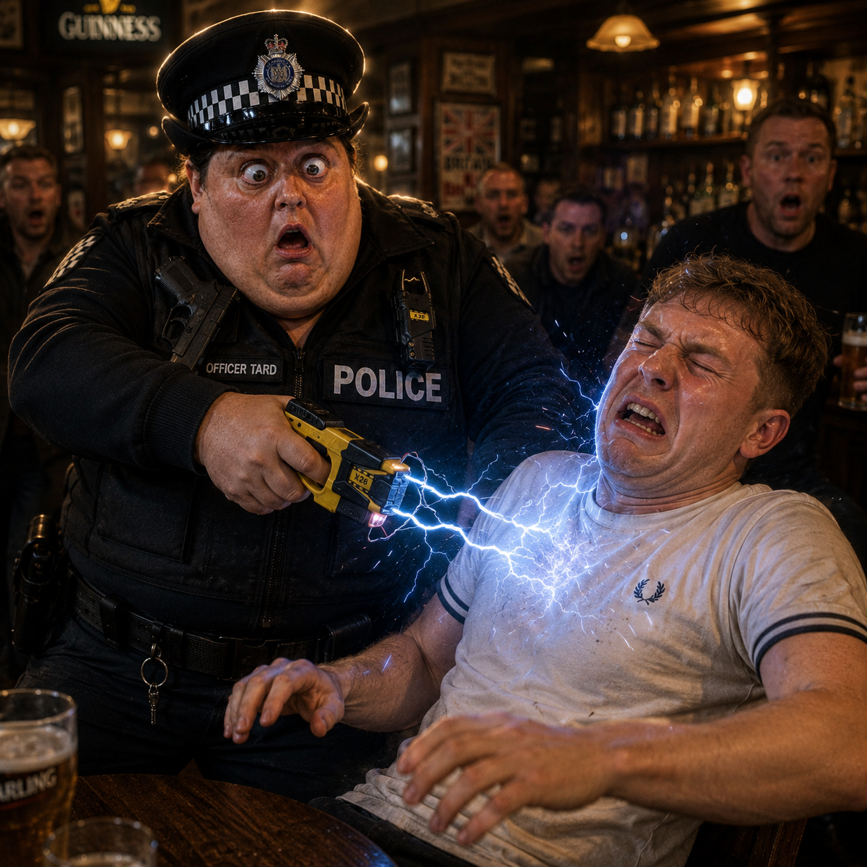 Officer Tard tasering the wrong white man in a pub