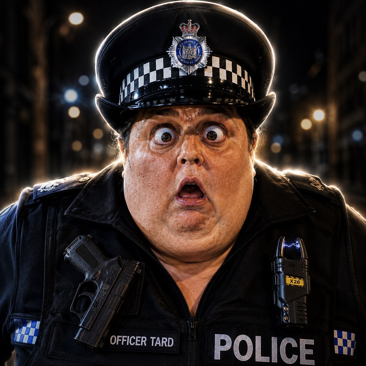 Wide-eyed police officer wearing a black cap and an Officer Tard name patch
